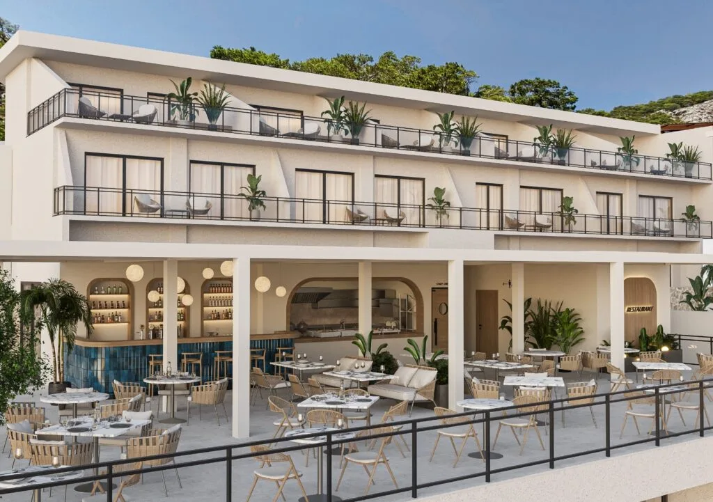 Architectural visualisation of Sejo Vista accommodation with balconies and an open-air dining terrace